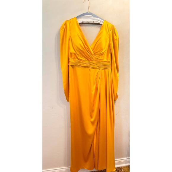 Mac Duggal 12404 FAUX WRAP  A LINE GOWN Formal Dress in Marigold size 14 - Picture 15 of 16